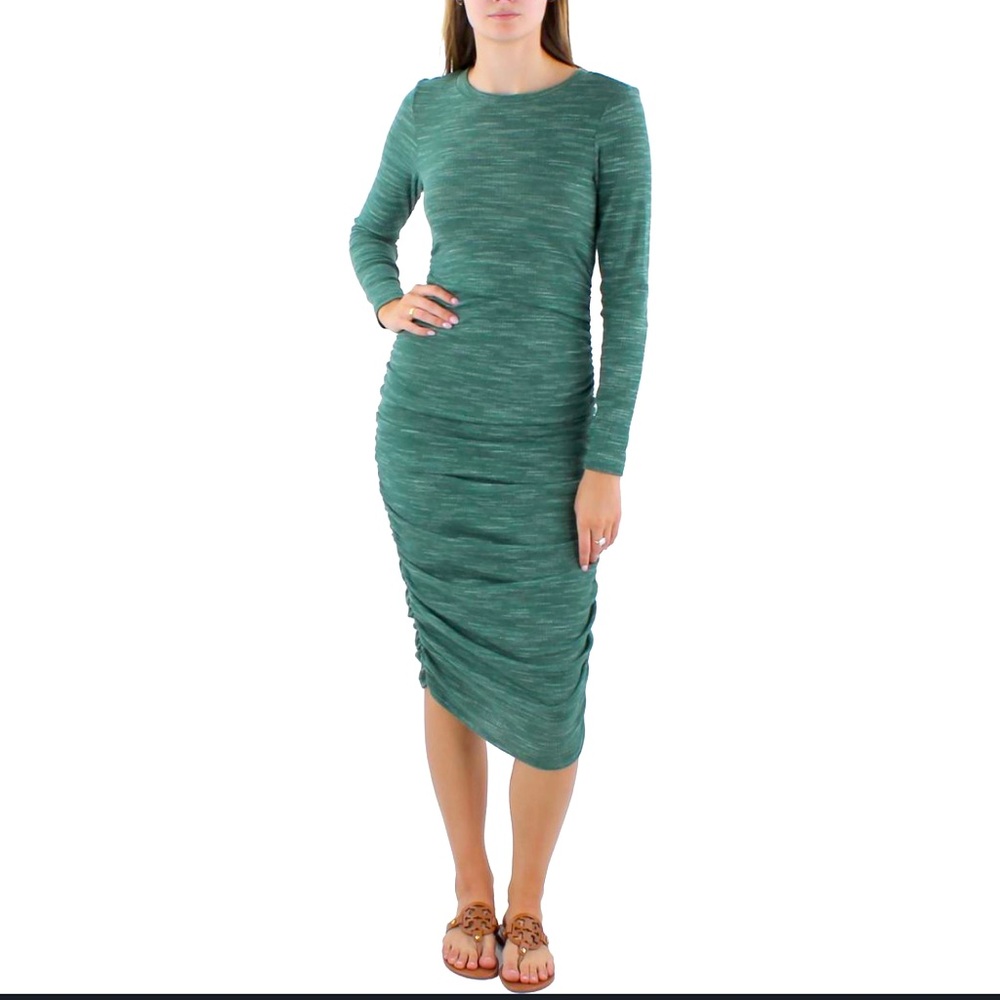 New Midi Green Heathered Bodycon Knit Runched Stretchy Long Sleeve Dress Large - Picture 3 of 10